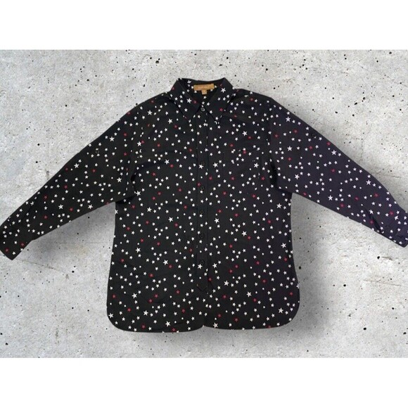 Ellen Tracy Shirt Womens Medium Black w/Red White Stars Print Button Up Roll Tab - Picture 1 of 10